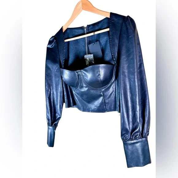 NWT NBD Black FIA Faux Leather Long Sleeve Crop Top Corset - Picture 3 of 8